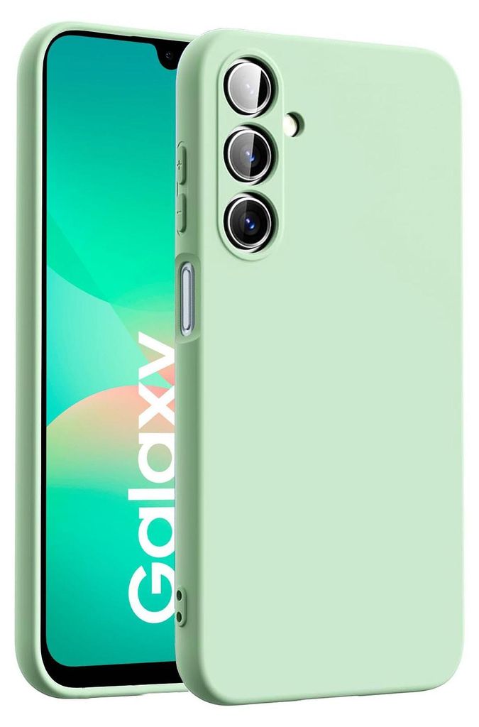 A light green phone case is shown next to a smartphone.