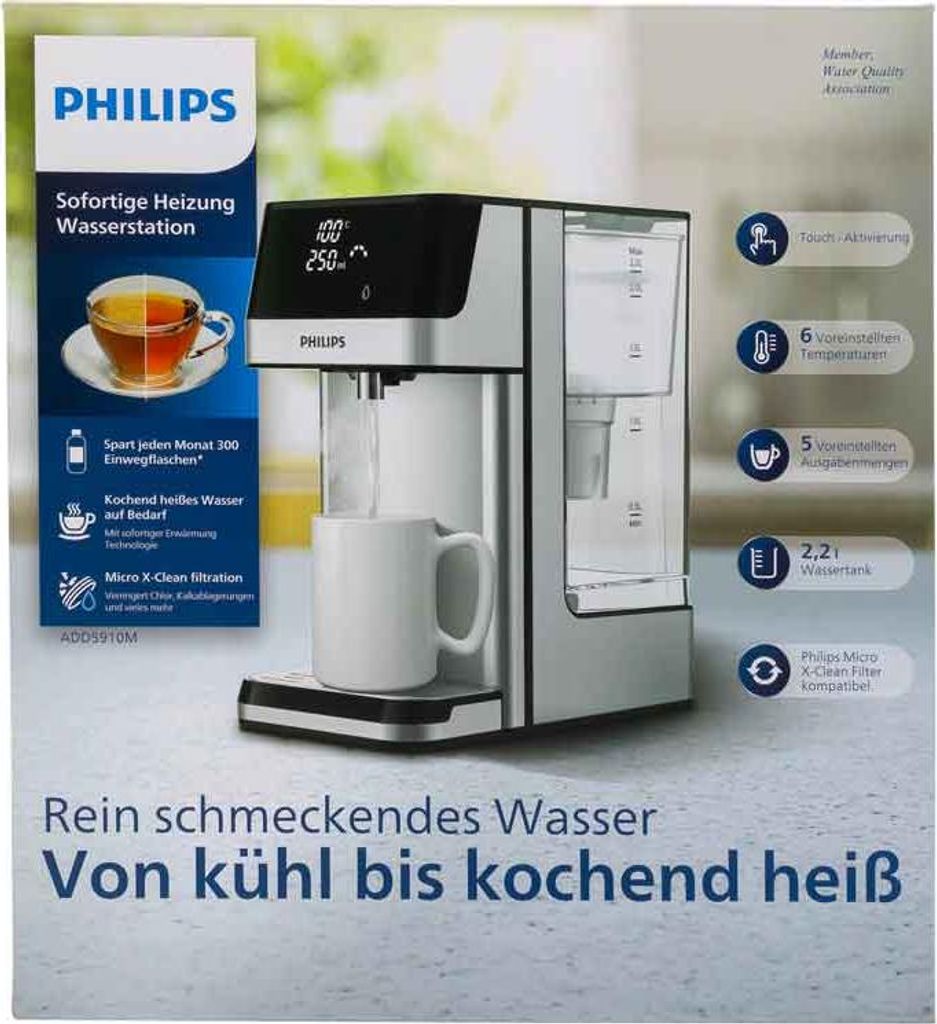 The image shows the packaging of a Philips instant heating water station.
