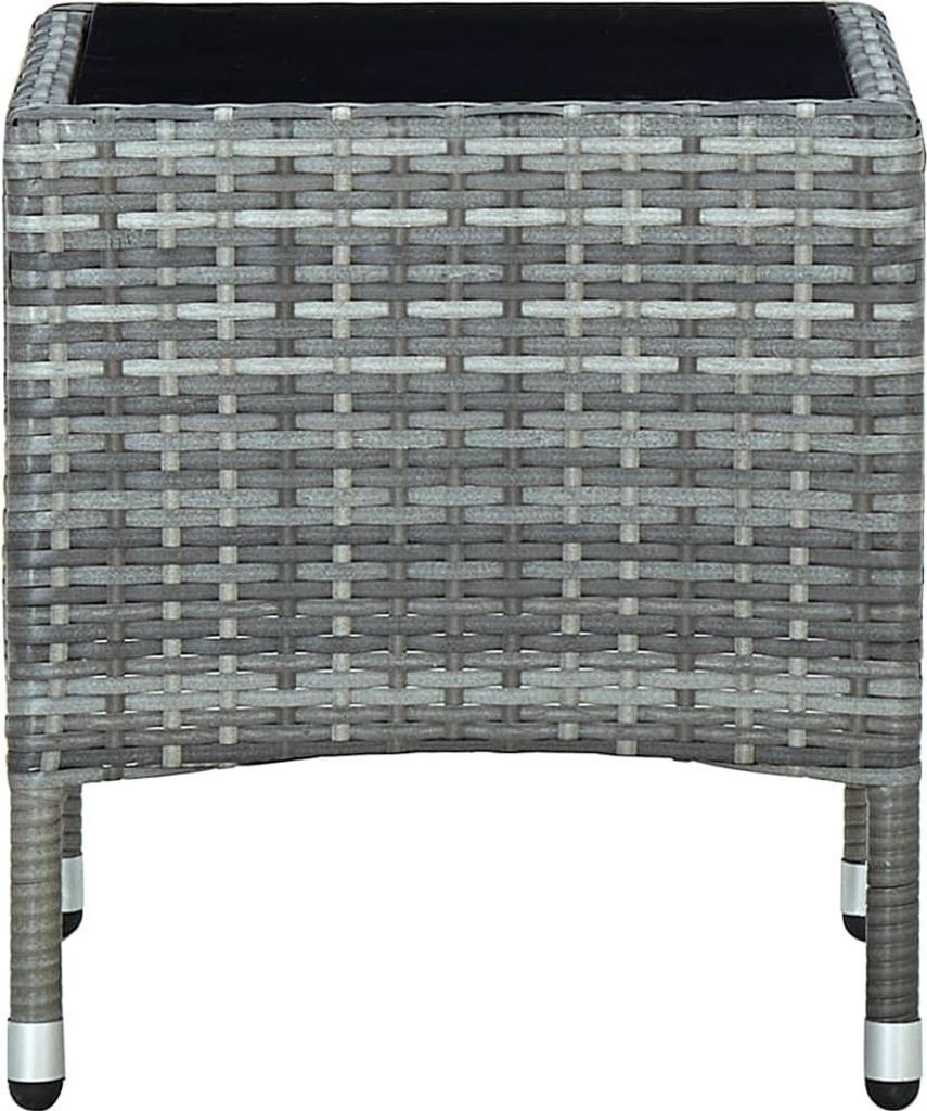 A close-up, front-facing view of a grey poly rattan side table with a black top, set against a white background.
