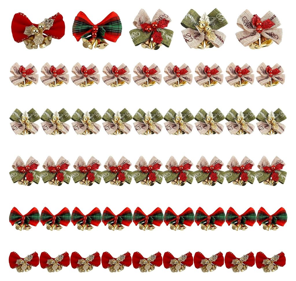 50 Stück Weihnachtsschleifen mit Glöckchen für die Baumdekoration
