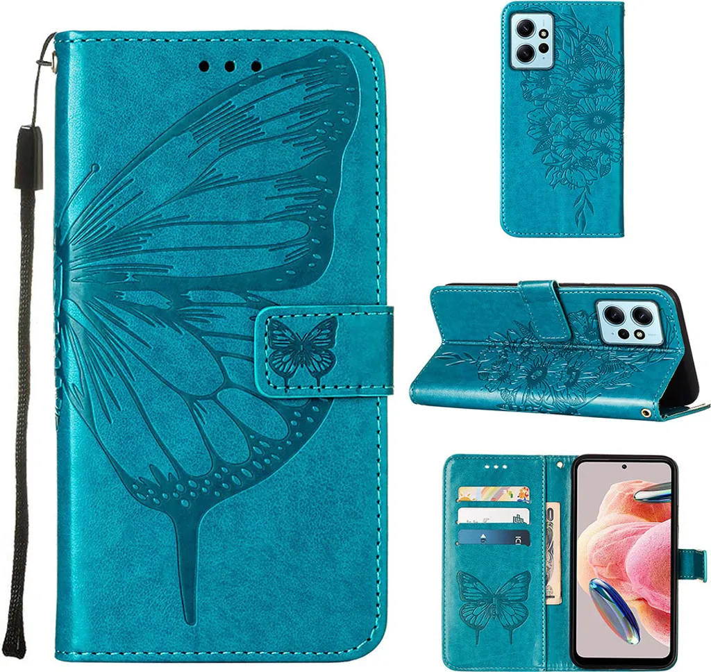 Cover Pelle Xiaomi Redmi Note 12 4G Blu Farfalla Elegante Flip