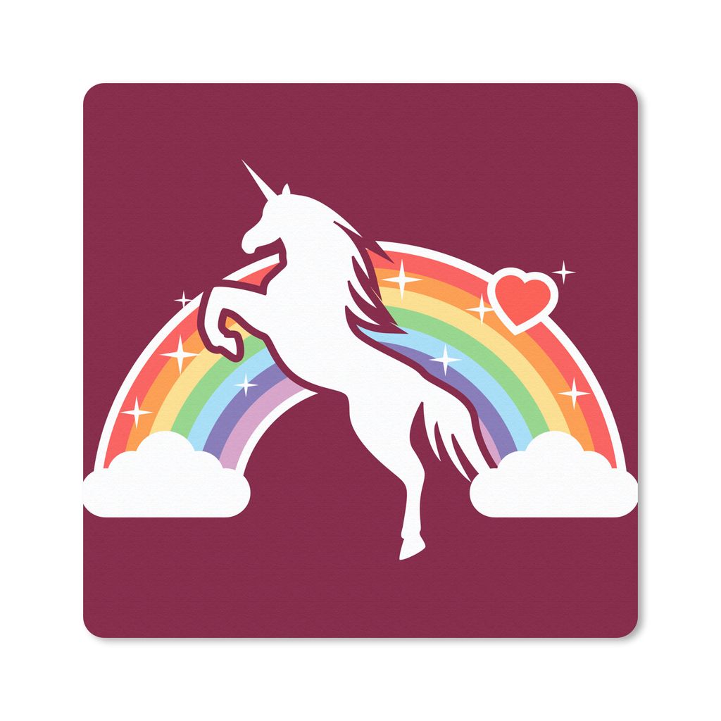 MuchoWow Mauspad Mousepad Eine Illustration von einem weißen Einhorn vor einem Regenbogen auf einem roten Hintergrund - Mädchen - Kind - Kinder...