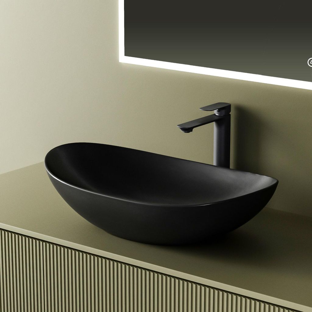EMKE Lavabo à poser en céramique - Design ovale en noir mat Image du produit 