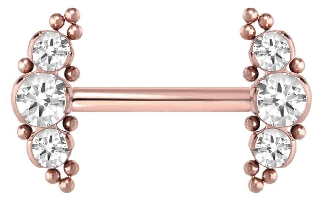 Zungenpiercing, Intim-Piercing Titan Barbell mit Push Fit 3 KRISTALLE + KUGELN RoséGold Stablänge: 12mm