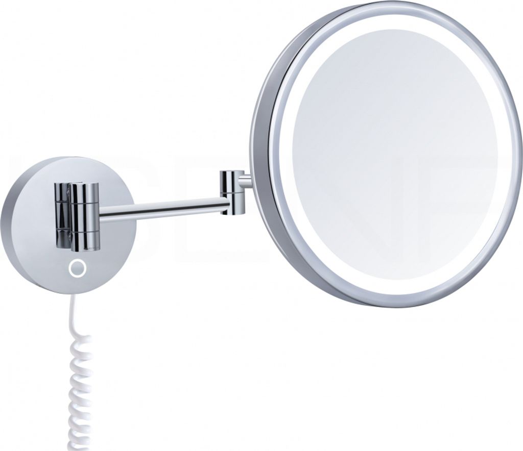 A wall-mounted LED cosmetic mirror with an adjustable arm.