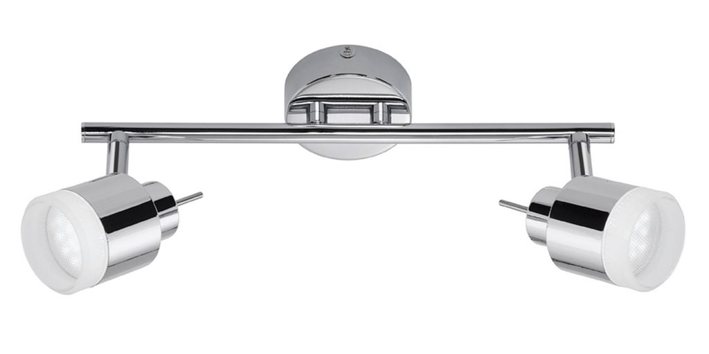 A chrome finished LED ceiling spotlight with two adjustable heads, shown against a white background.