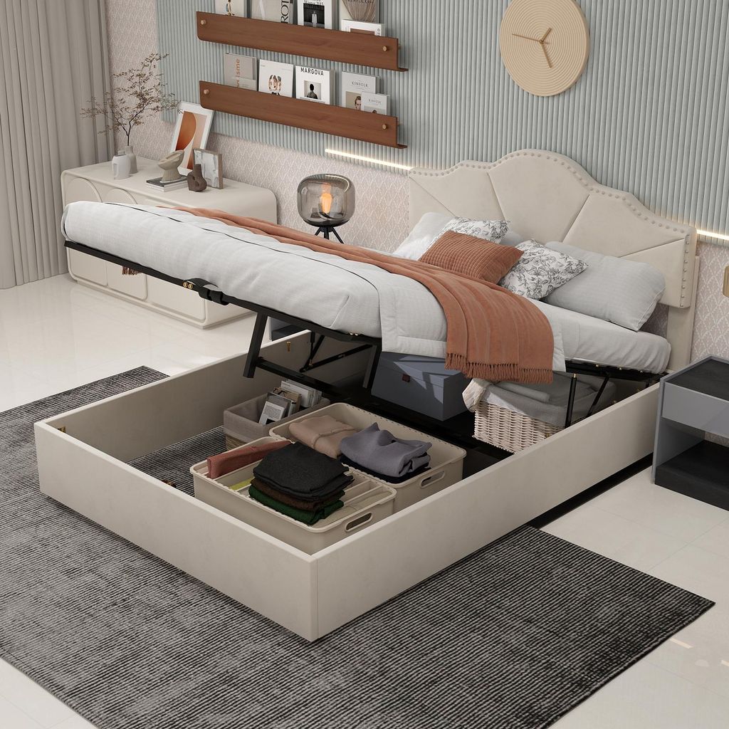MODFU Jugendbett 160x200 Doppelbett mit hydraulischer Stange Bettgestell mit Stauraum und weiches Kopfteil ohne Matratze Beige