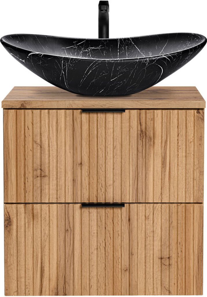 Waschtisch Set mit 60 cm Unterschrank Wotaneiche gerillt Keramik-Waschbecken schwarz marmoriert B/H/T 61,5/74,7/46,5 cm
