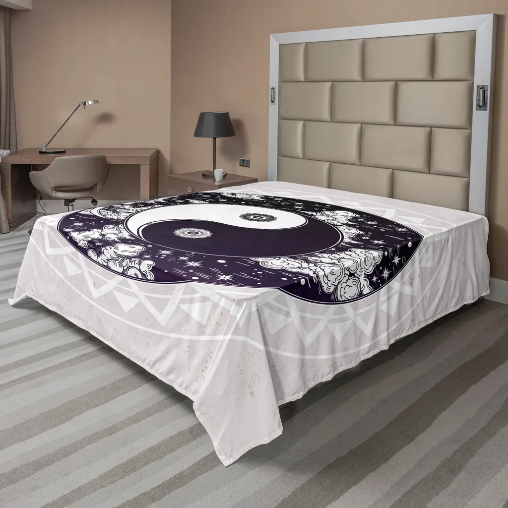 ABAKUHAUS Lenzuolo mistico, simbolo Yin Yang con motivo circolare che rappresenta l'universo, design boho etnico, lenzuolo morbido e confortevole per un letto decorativo, 1 pezzo, 266 cm x 260 cm, nero, bianco, beige