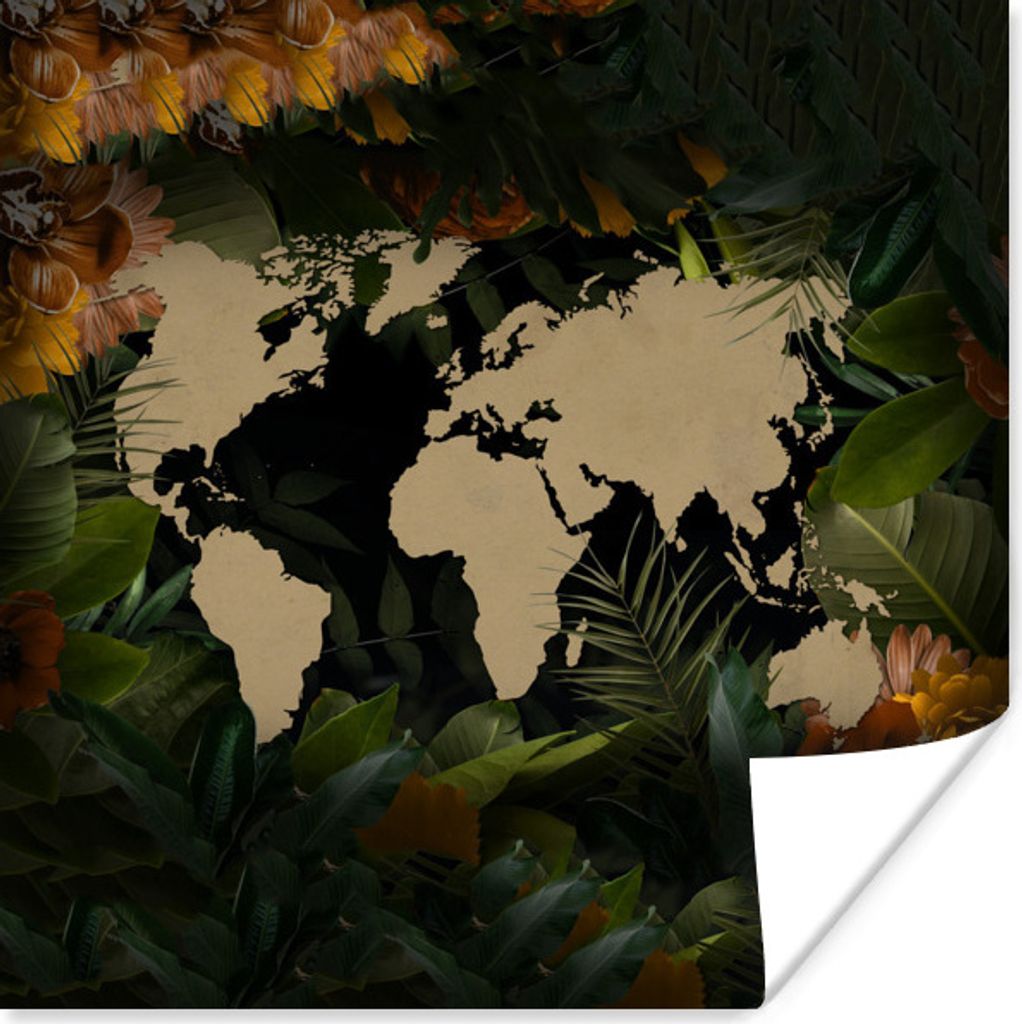 MuchoWow Poster Weltkarte - Einfach - Blumen 75x75 cm - Wand Dekoration