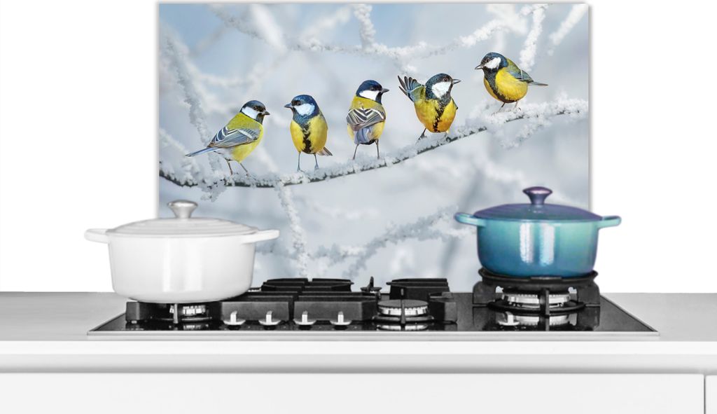KitchenYeah Spritzschutz Küche - Küchenrückwand - Wandschutz für Herd und Spüle - Vogel - Kohlmeise - Winter - Schnee - Zweige 70x50 - Alu-...