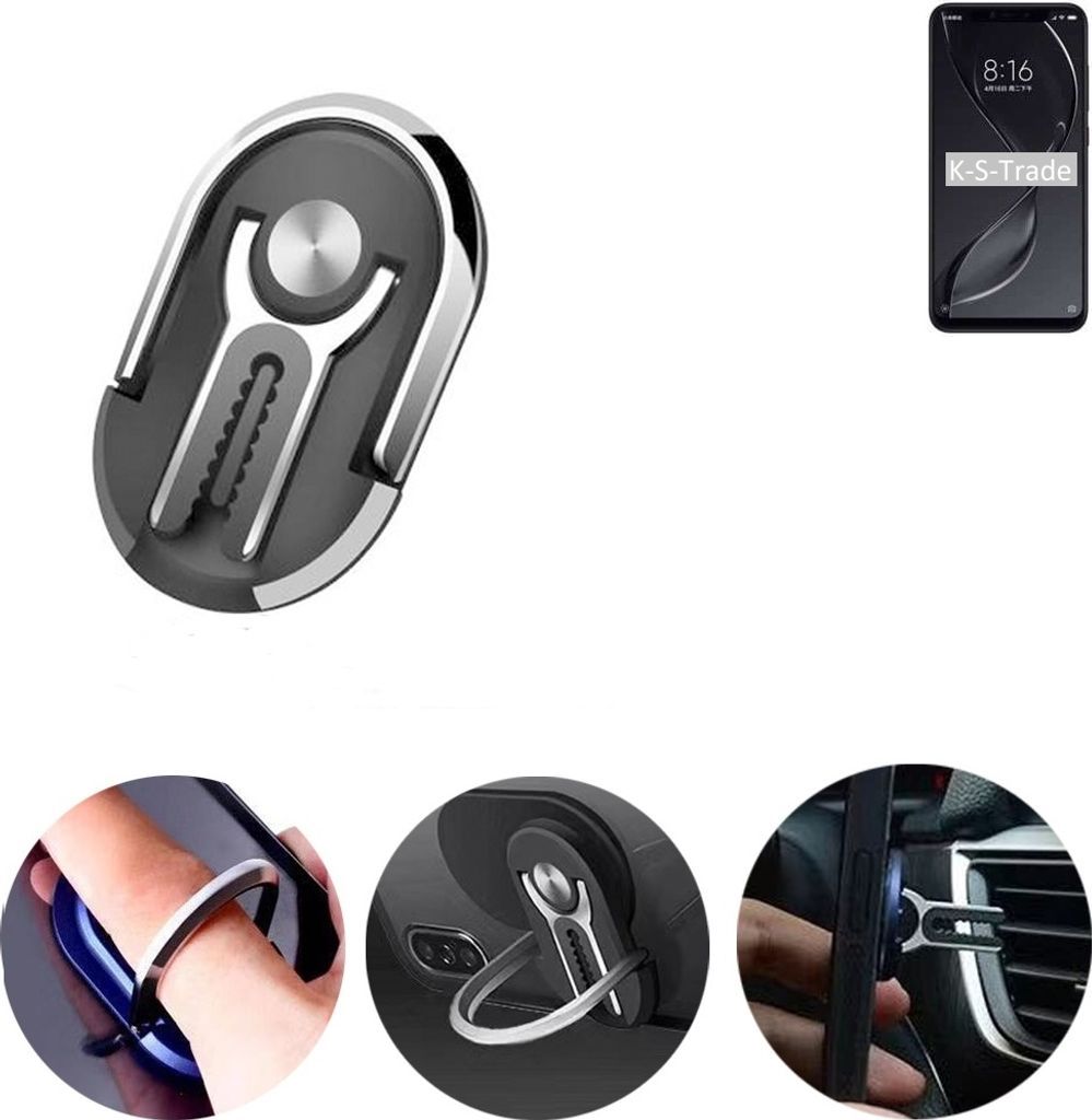 K-S-Trade 3in1 Smartphone-Ring Handy-Ring kompatibel mit Xiaomi Redmi 8 Explorer Fingerhalterung Handyring Tischständer Lüftungsgitter-Halterung