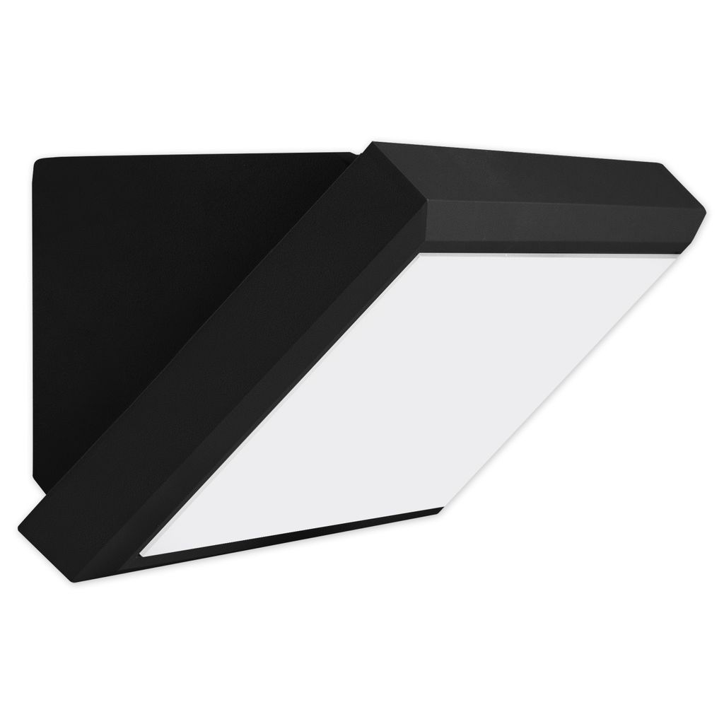 A black outdoor wall light with a white illuminated panel, shown from a side angle against a white background.