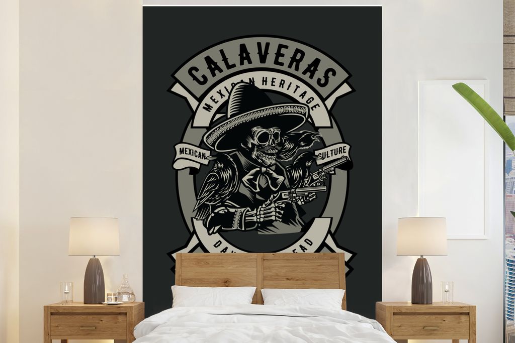 MuchoWow Fototapete für Wohnzimmer oder Schlafzimmer Wandtapete Vinyl Motivtapete Skelett - Polizei - Pistole - Vintage - 160x240 cm - Vinyltapete