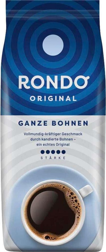 A bag of Rondo Original coffee beans with a cup of coffee shown at the bottom.
