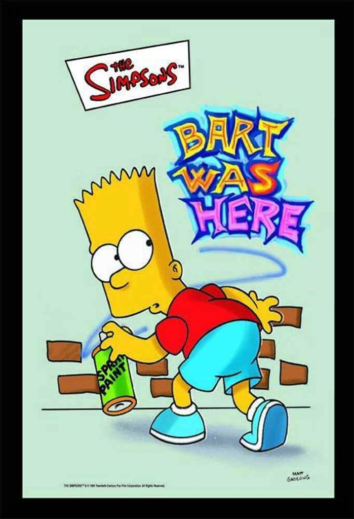 Bart Simpson spray painting on a brick wall.