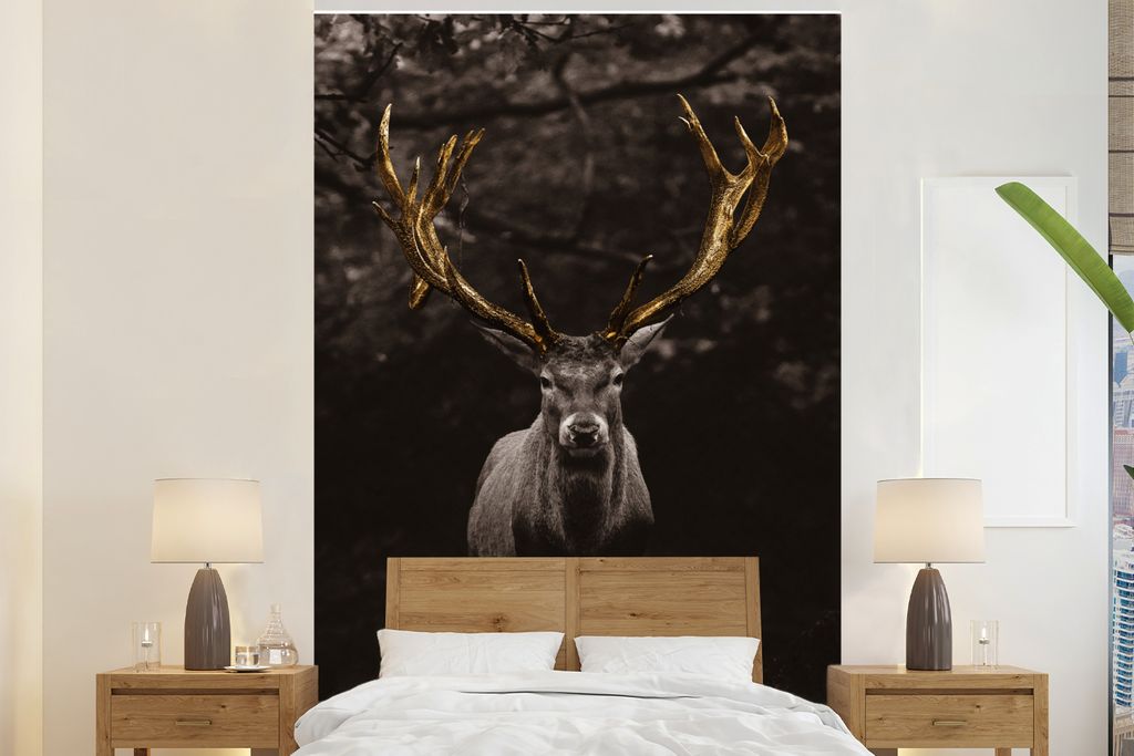 MuchoWow Fototapete für Wohnzimmer oder Schlafzimmer Wandtapete Vinyl Motivtapete Hirschgeweih gold - 225x350 cm - Schlafzimmer tapete