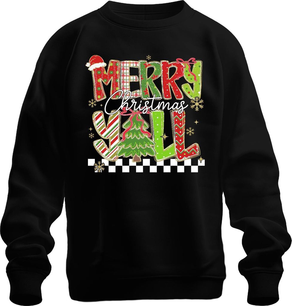Merry Christmas Y'all Weihnachten Tannenbaum gestreift Glitzer Uni Sweatshirt Pullover, Schwarz, XXL