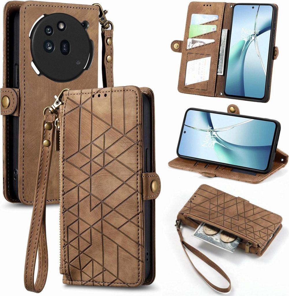 Für Nothing Phone 3a Pro Geometric Design Kunstleder Zipper Book Wallet Tasche mit Schlaufe Braun