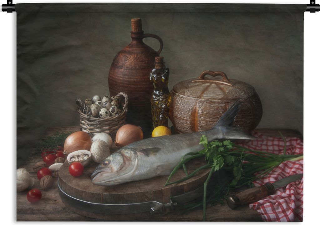 MuchoWow Wandteppich Wandbehang Rustikal - Fisch - Stilleben - Gemüse - Kräuter 90x67.5 cm Tapisserie Dekoration Wandtuch - Fototeppich - Wand-...