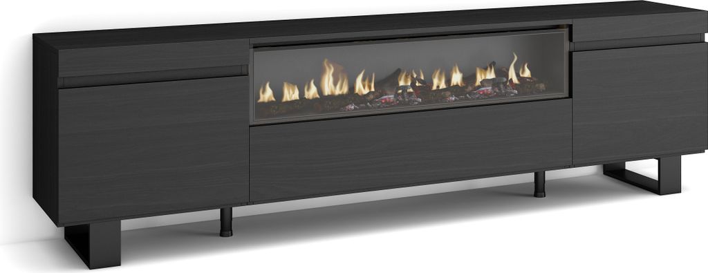 A modern black TV stand with a built-in electric fireplace.