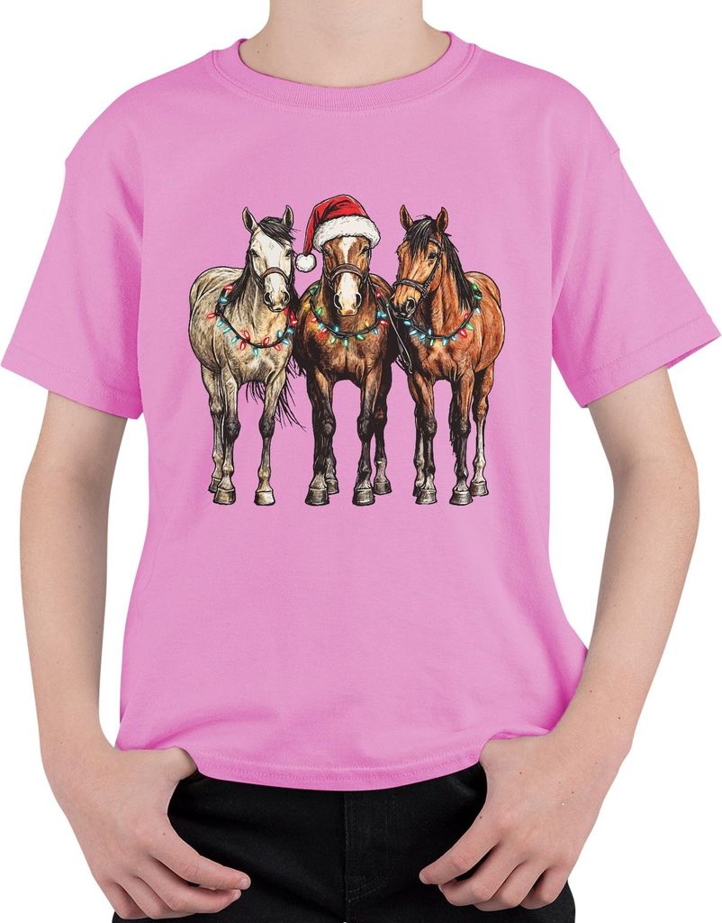 Weihnachtspferde Lichterkette Santa Hut Pferdeliebhaber Western Uni Kinder T-Shirt, Pink, 140