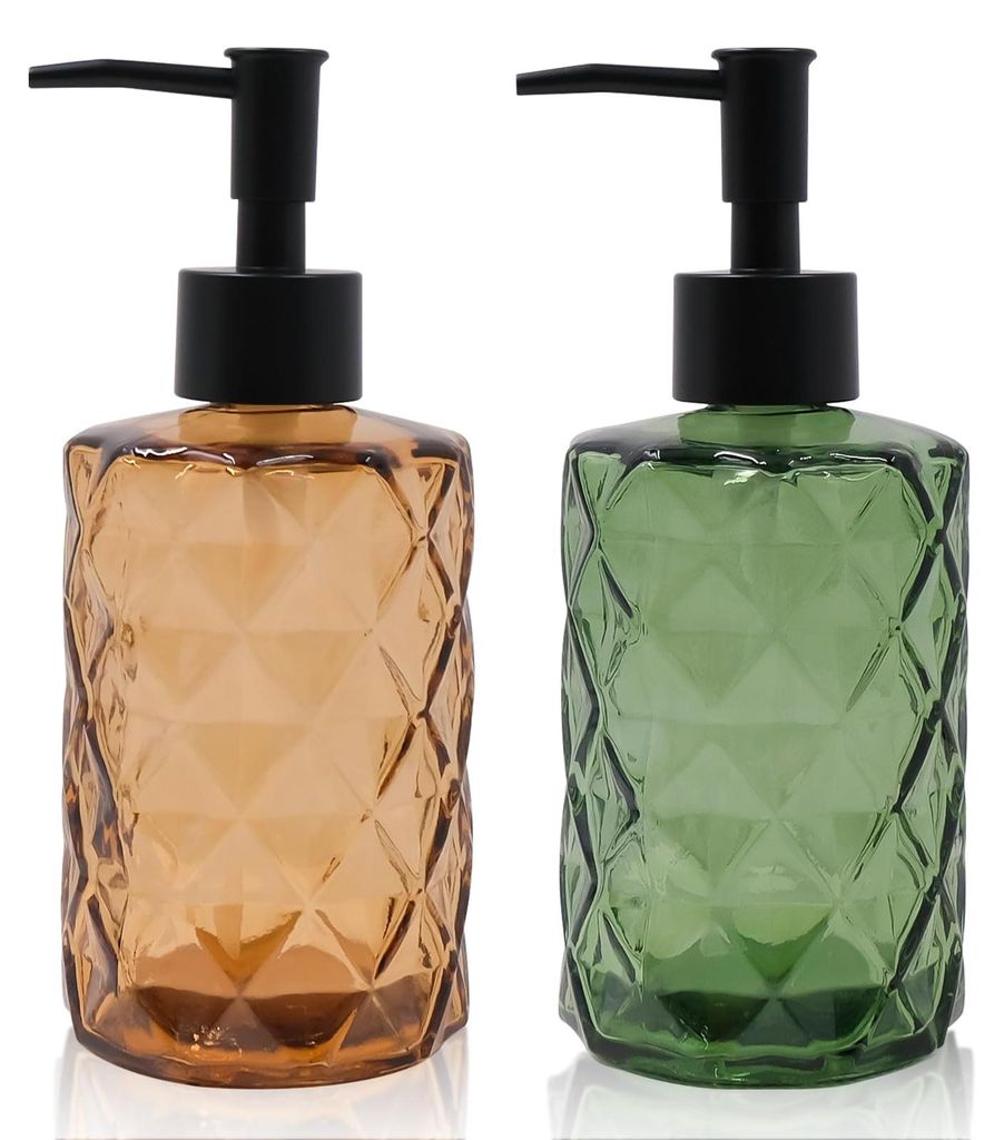 Set aus 2 Seifenspendern aus Glas für Bad und Küche, 330 ml nachfüllbare Handseife, transparente Glasflasche, Glasspender mit schwarzer Pumpe f...