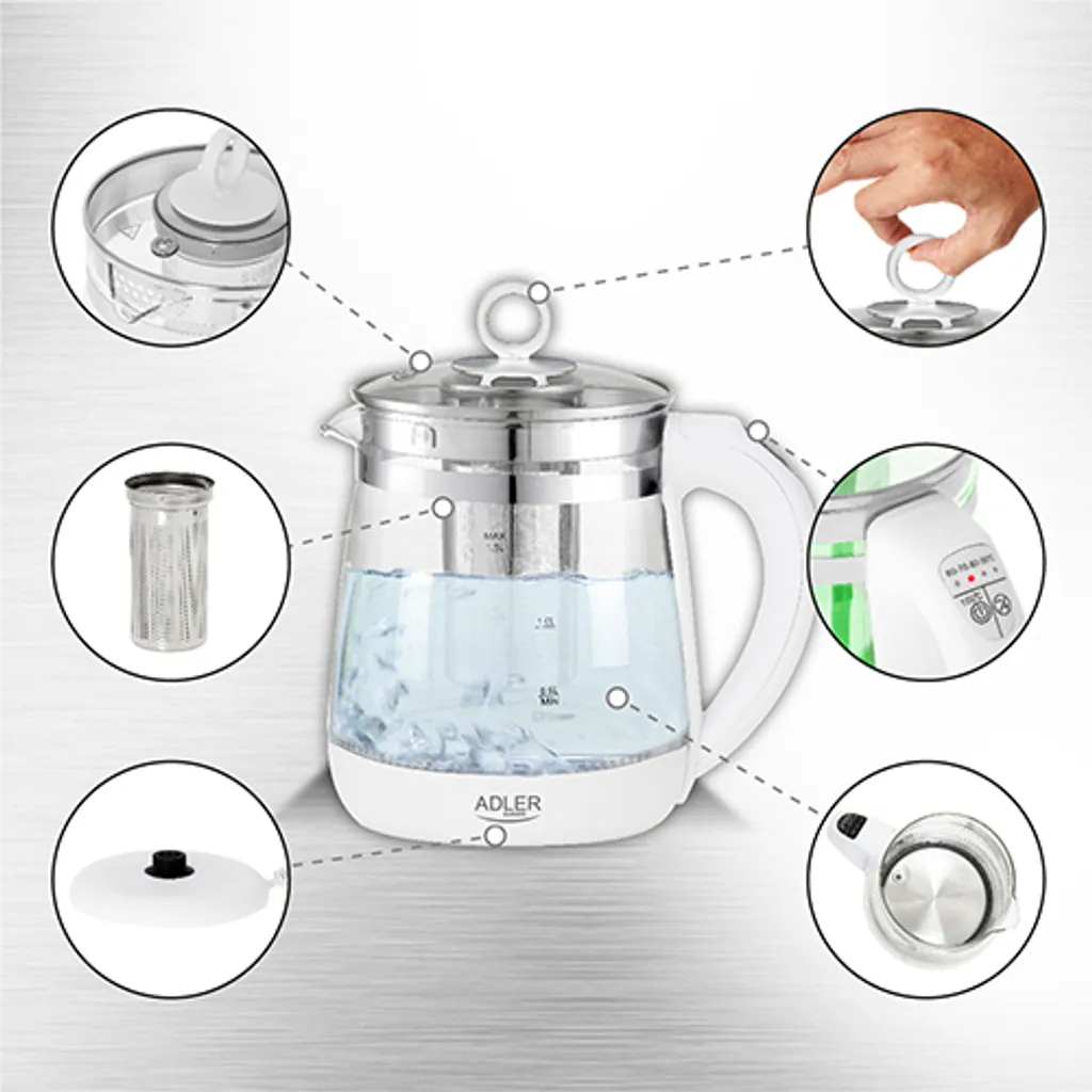 Adler AD 1299 Bollitore in Vetro con Infusore 1,5L Bianco 2200W - 15