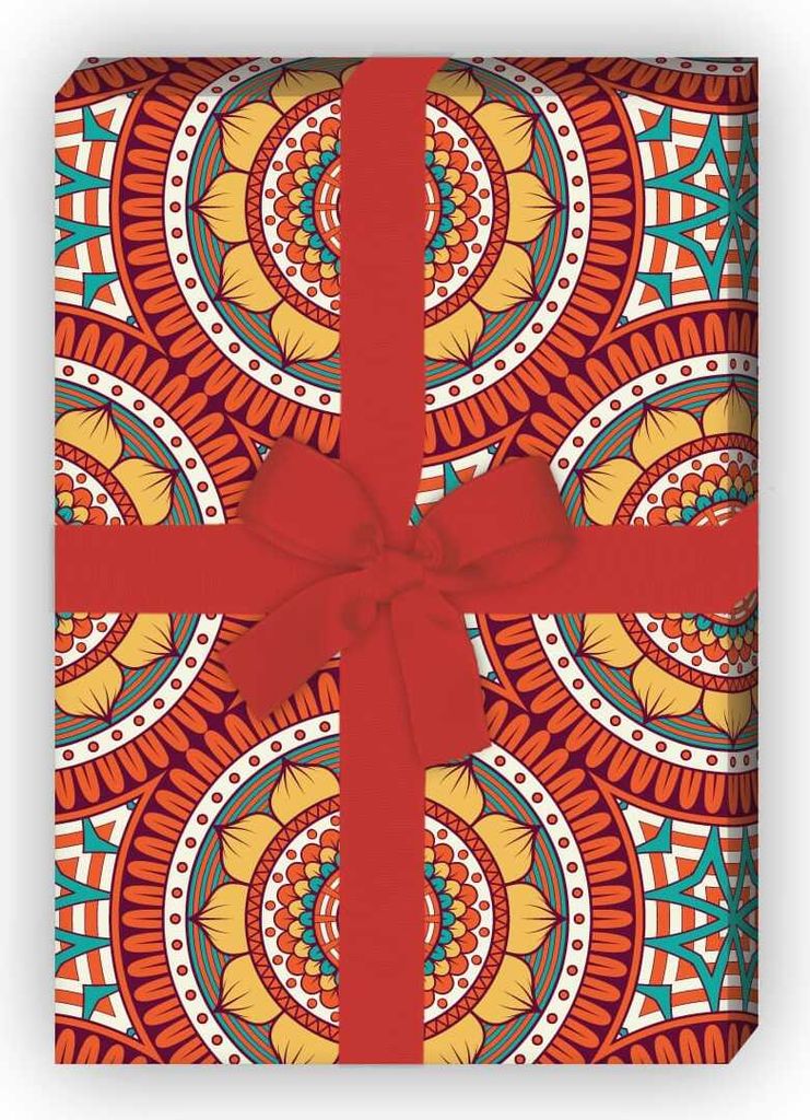 Buntes ethno Geschenkpapier mit Boho Blüten in rot orange - G7176, 32 x 48cm