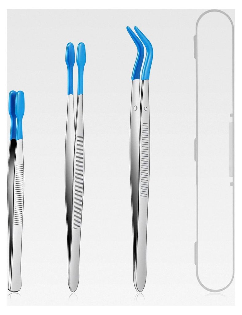 3-teiliges Pinzetten-Set, Pinzetten mit Gummispitzen, PVC-beschichtet, lange gerade, flache und gebogene Pinzetten für Handwerk, Briefmarken, Perl...