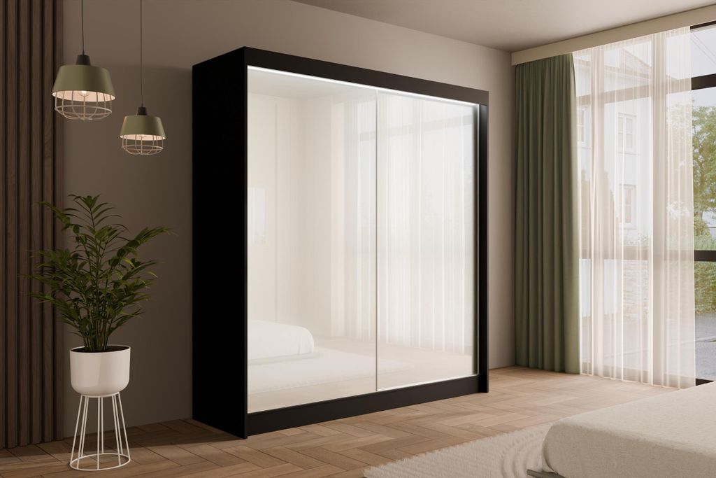 ALTDECOR Kleiderschrank mit Lacobel-Schiebetüren, kugelgelagerte Führungsschienen und Aluminium- Leisten, LED-Beleuchtung (weiß + 16 Farben) und...