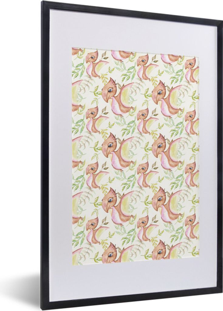 MuchoWow Gerahmtes Poster Kinderzimmer - Dinosaurier - Blätter - Mädchen - Kinder - Rosa - Kinder 40x60 cm - Poster mit Schwarzem Bilderrahmen ...