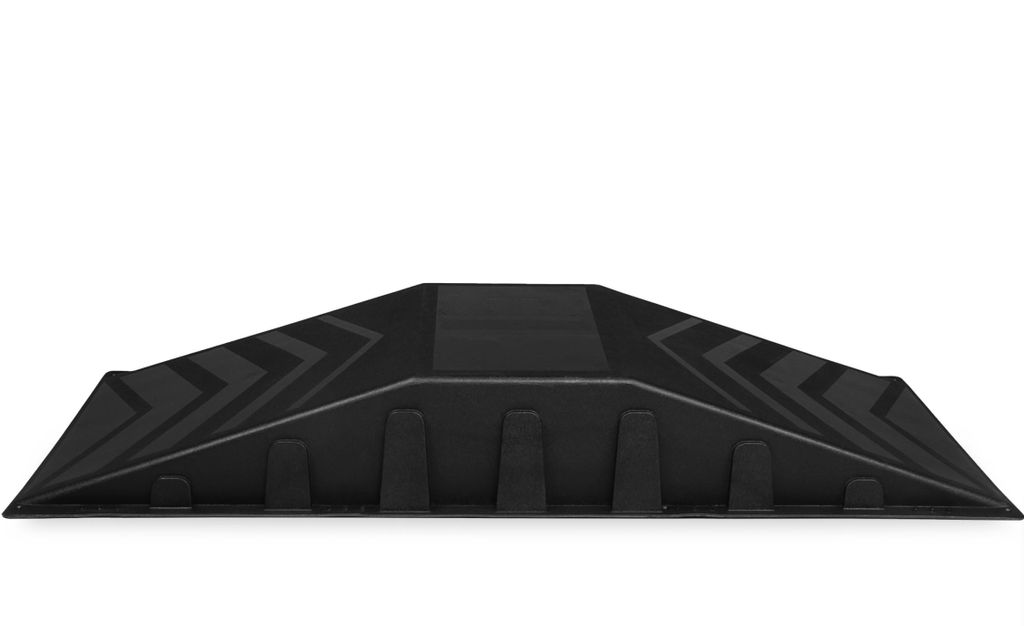 A black ramp for skateboarding, inline skating, or BMX biking is shown against a white background.