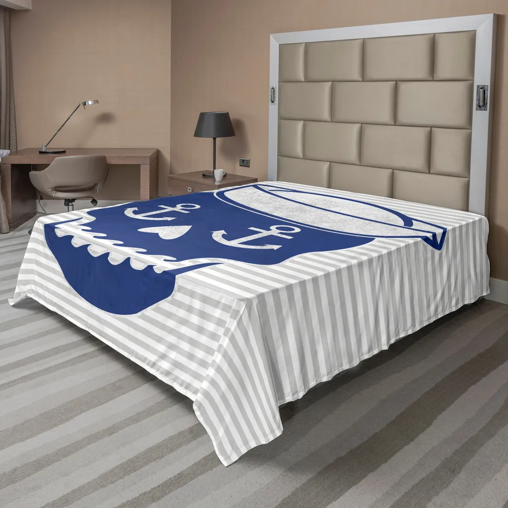 Drap de lit doux imprimé Vagues et Ancre Marine 260cm Bleu et Gris