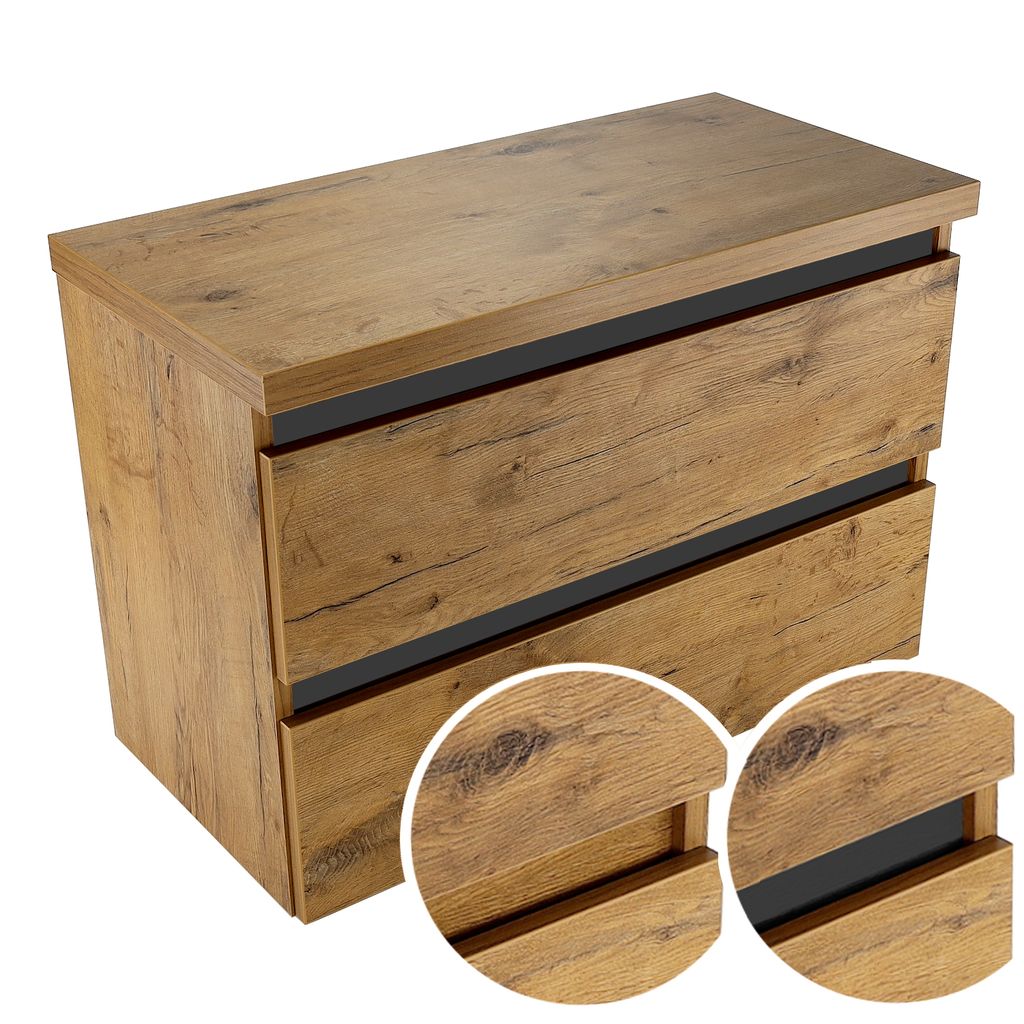 Paplinskioebel Bad-Hängeschrank, Schrank 80 x 51,5 x 40 cm unter Waschbecken mit Aufsatz, Schrank mit zwei Schubladen, Eiche lancelot, matt