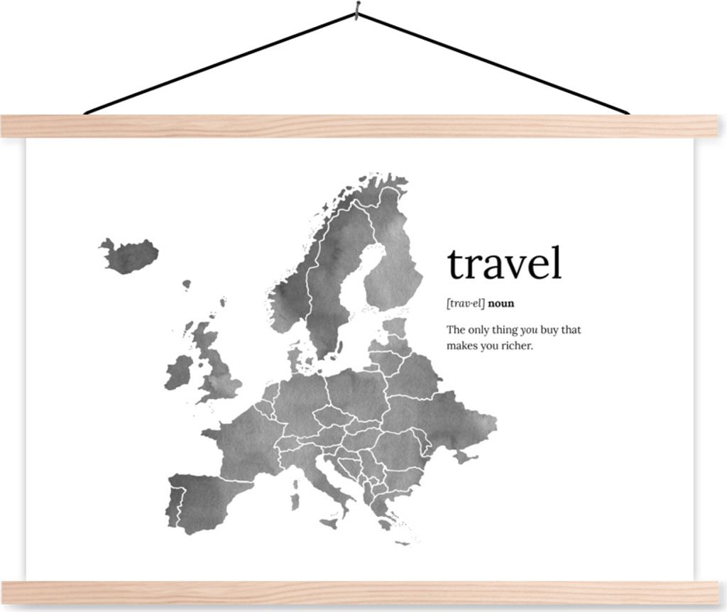 MuchoWow Textilposter Europa-Karte in grauer Aquarellfarbe mit dem Wort: travel - schwarz-weiß 120x80 cm mit holzfarbenen Rahmen - Aufhängeset