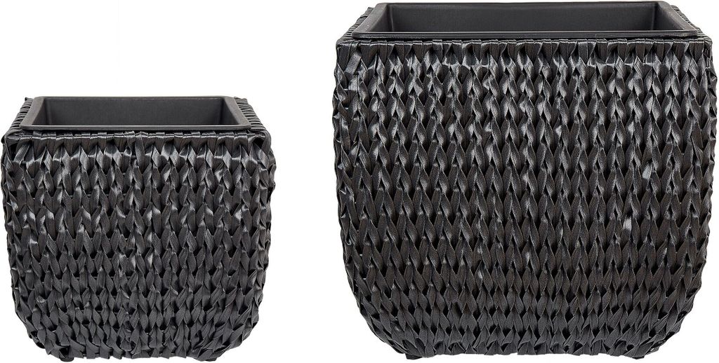 BELIANI Blumentopf 2er Set Schwarz Rattan mit Innentopf Quadratisch Geflochten Verschiedene Größen 34 cm und 43 cm Hoch Modern Outdoor & Indoor