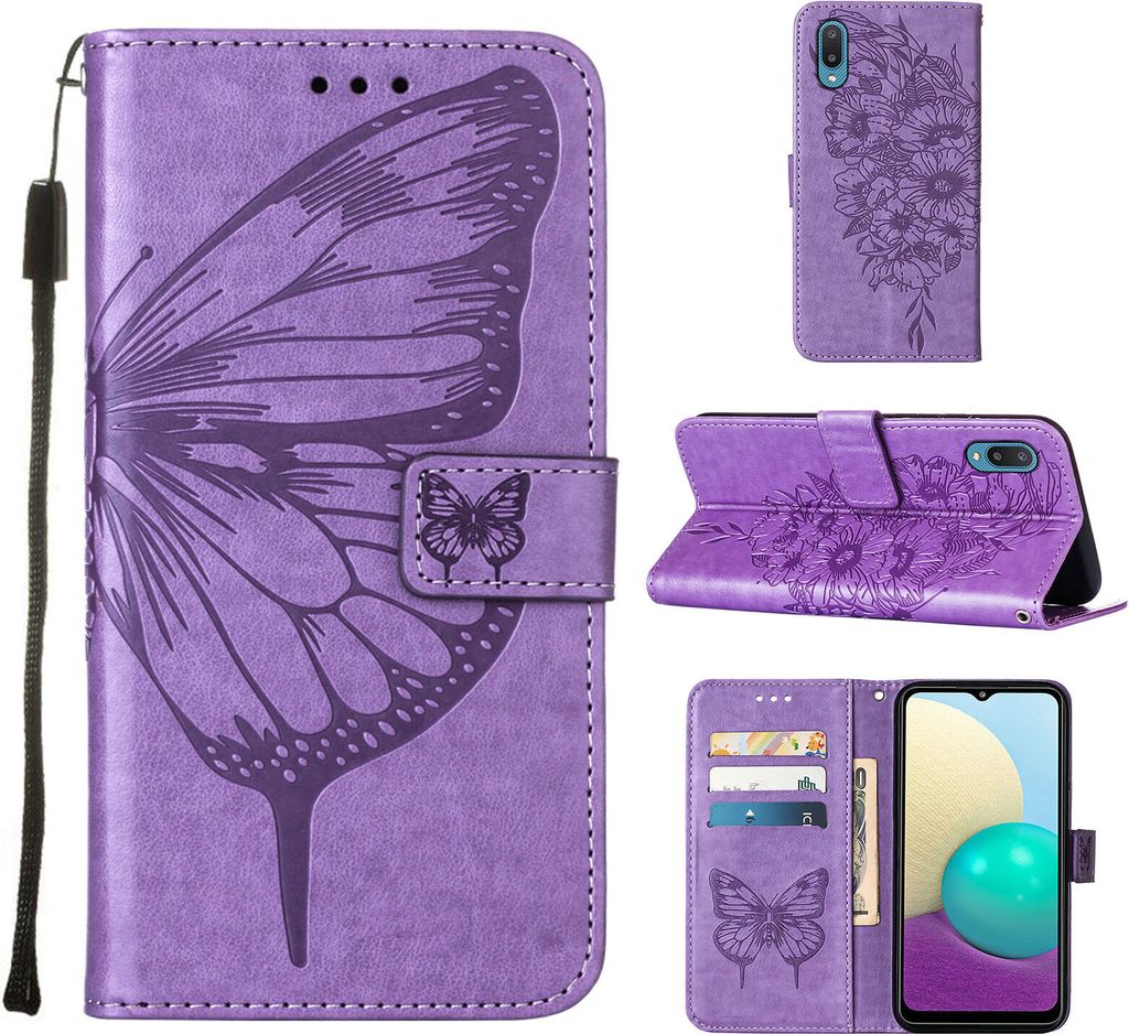 Galaxy A02 Hülle, Schmetterling Prägung Flip Leder Kartenfächer Schutzhülle Ledertasche mit Ständer für Samsung Galaxy A02 / M02 Violett