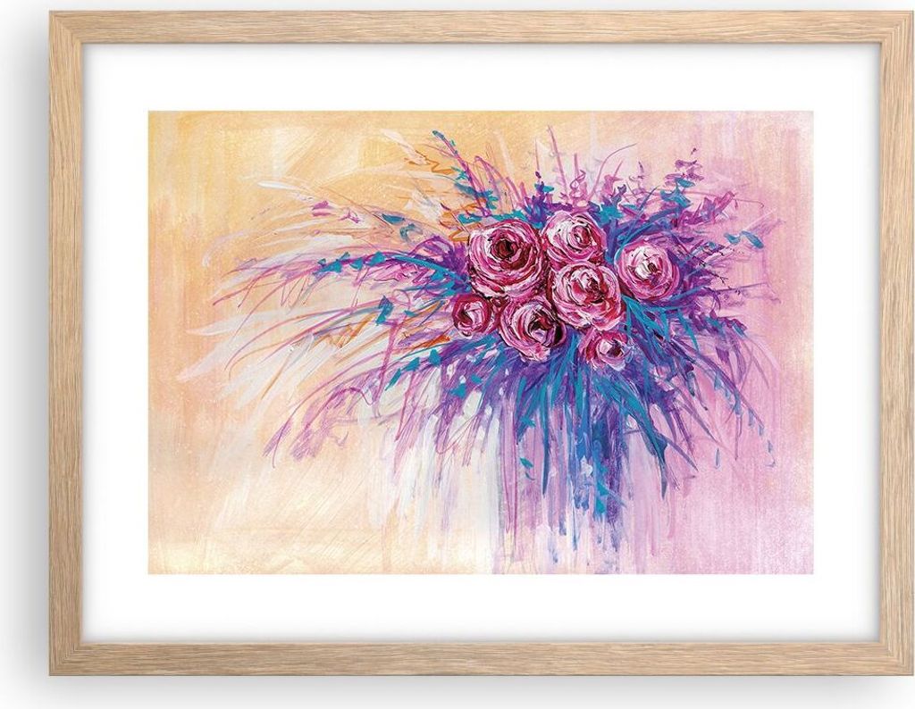 Gerahmtes Poster - Rahmen in heller Eiche - Blumenstrauß Blumen Rosen - 40x30 cm - Wand Bild - Wanddeko - Wandbilder - Kunstposter - Wandposter - ...