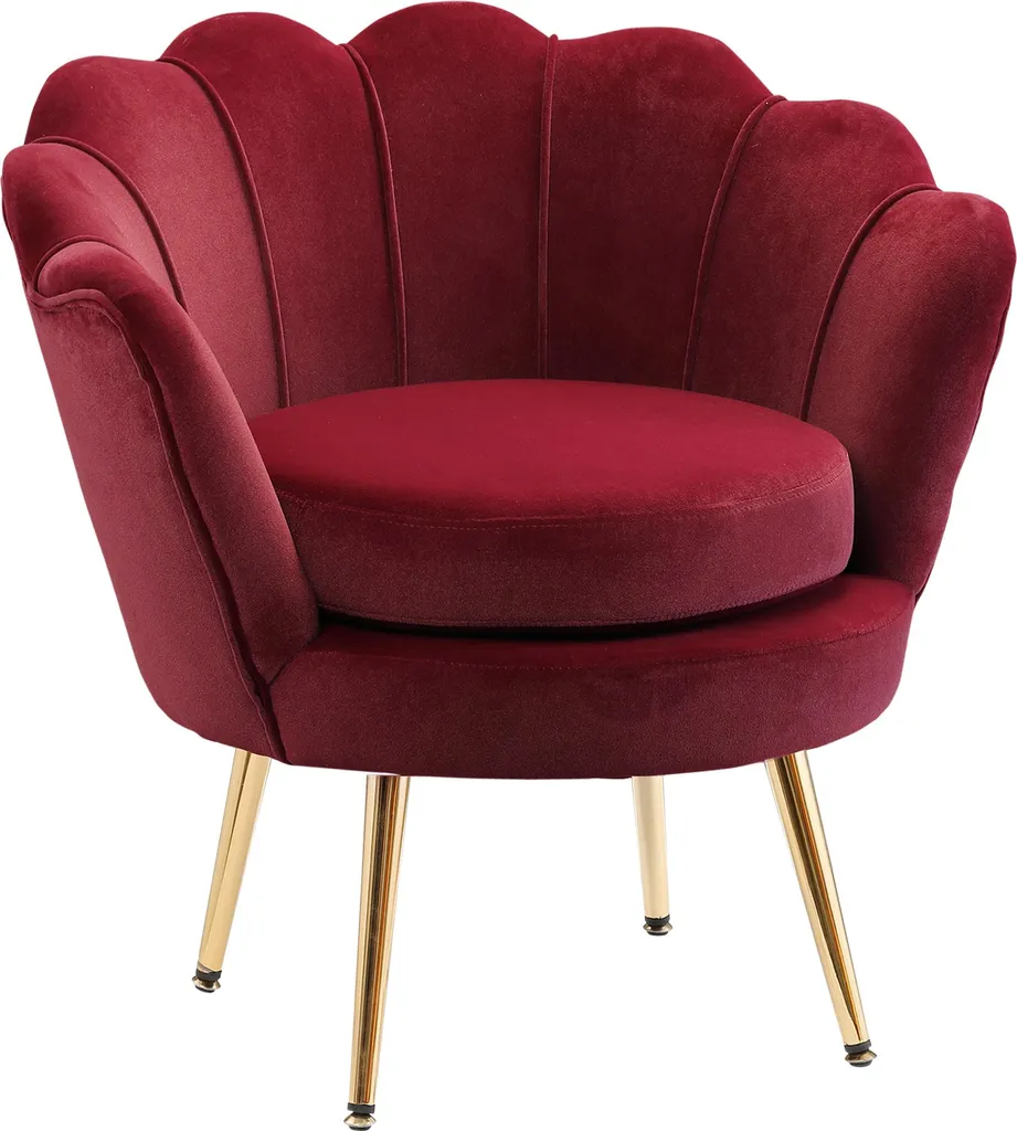 Fauteuil de salon rouge velours et pieds dorés, assise confortable