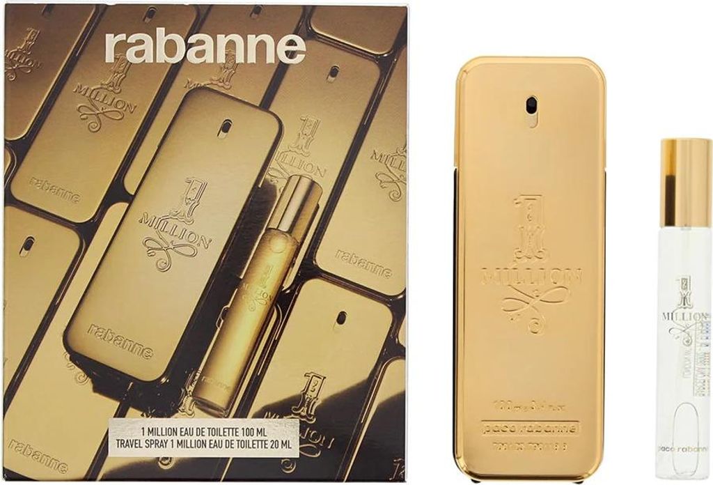 A gift set of Rabanne 1 Million Eau de Toilette for men, including a 100ml bottle and a 20ml travel spray.