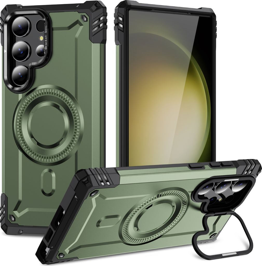 Magnetisch Hülle für Samsung Galaxy S23 Ultra, Heavy Duty Militärischer Stoßfest Handyhülle Kamera-Ringständer Grün