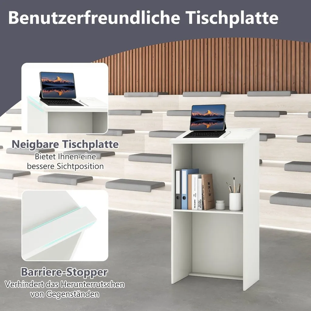 Bureau debout pupitre de conférence blanc avec rangement de câbles