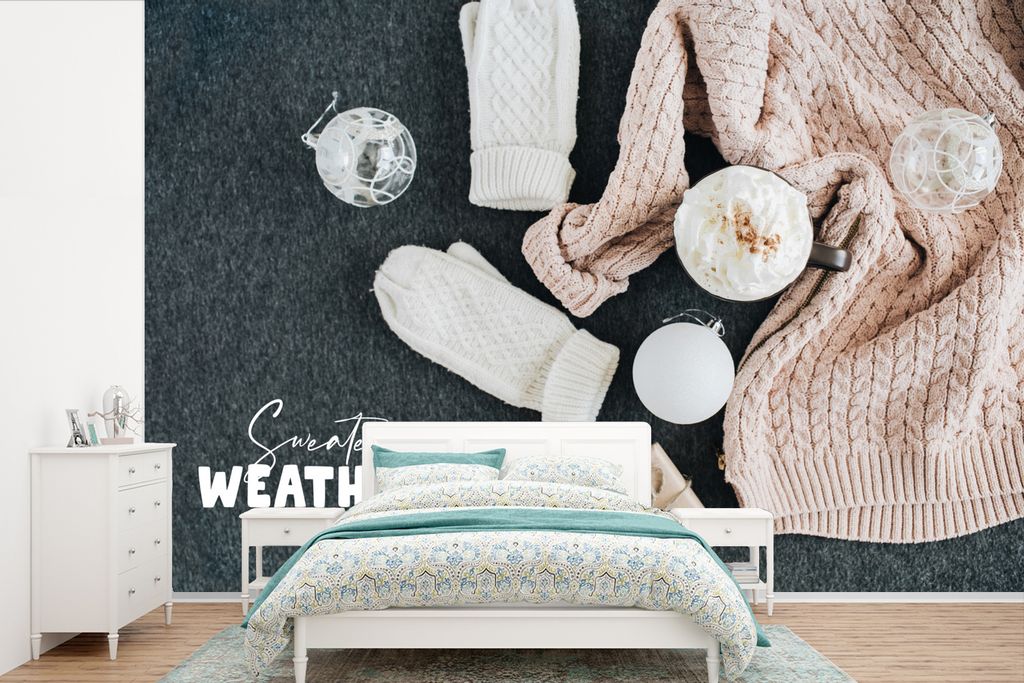 MuchoWow Fototapete für Wohnzimmer oder Schlafzimmer Wandtapete Vinyl Motivtapete Winter - Christbaumkugeln - Zitat - 330x220 cm - Fototapeten