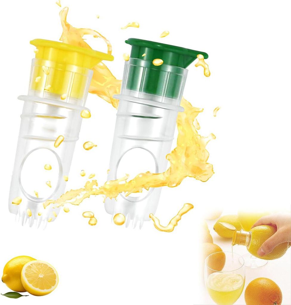 Two manual juicers with yellow and green caps, surrounded by splashes of orange juice, with lemons and oranges in the lower right corner.