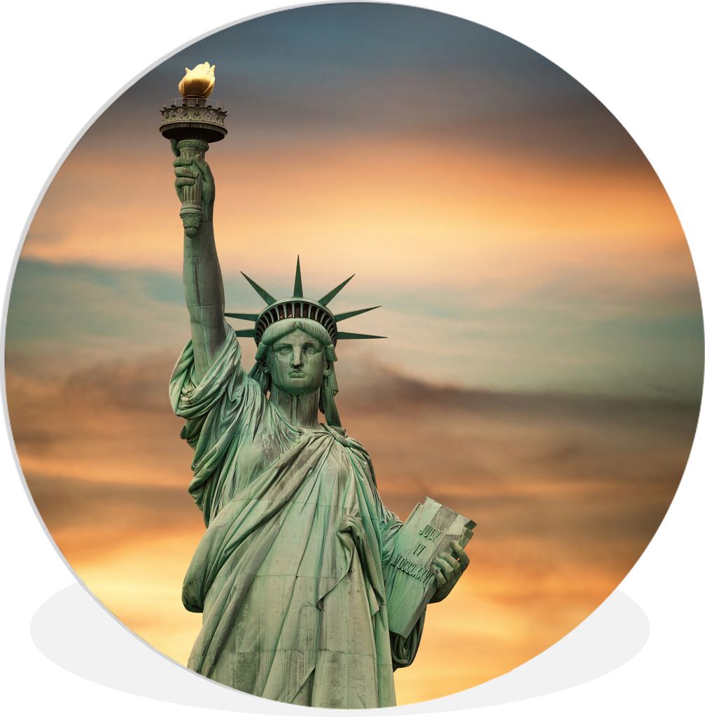 MuchoWow Rundes Wandbild - Runde Bilder Freiheitsstatue bei Sonnenuntergang Ø 60 cm Kreis Wanddekoration Kunststoff - Wandkreis - Wandschmuck - ...