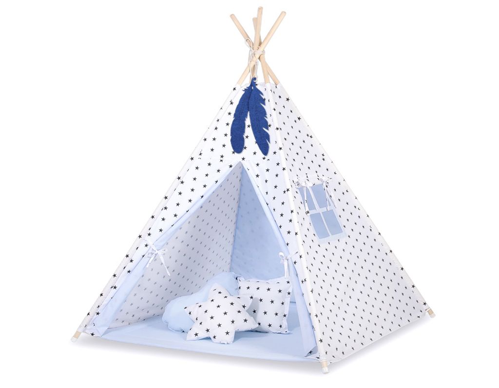 Tipi Zelt für Kinder Schwarz mit Kissen und Teppich 100% Baumwolle und Holzstangen