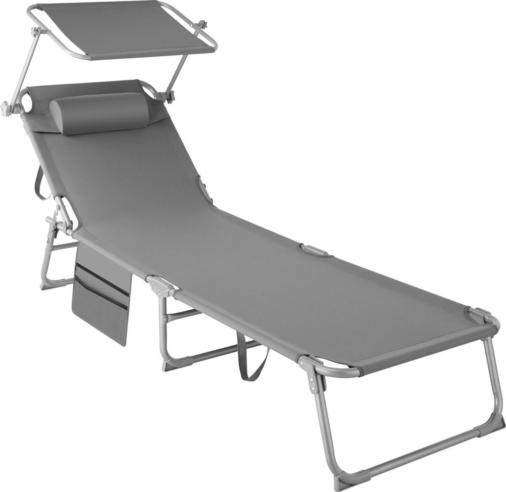 A gray foldable sun lounger with a canopy and a side pocket, shown against a white background.