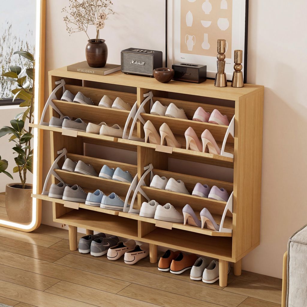 Szafka na buty – 100 x 25 x 90 cm, rattan/dąb – 4 wysuwane Zdjęcie produktu 