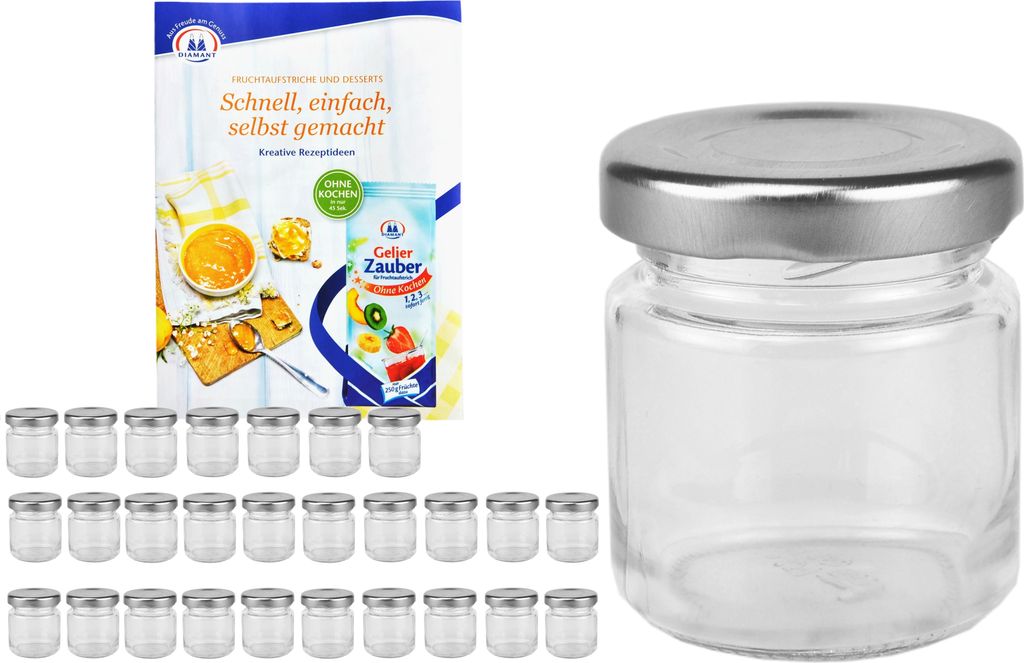 28er Set Sturzglas 53 ml To 43 silberner Deckel Einmachglas Marmeladengläser incl. Rezeptheft